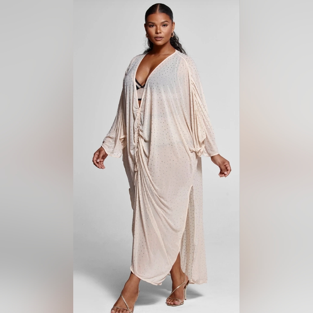 All Over Rhinestone Nude Mesh Katana 2X Caftan Cover Up - Picture 4 of 12